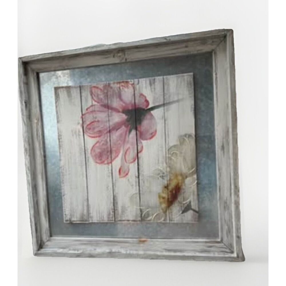 Large Rustic Farmhouse Floral Wall Art Wood & Metal Framed ~23"x23" Distressed